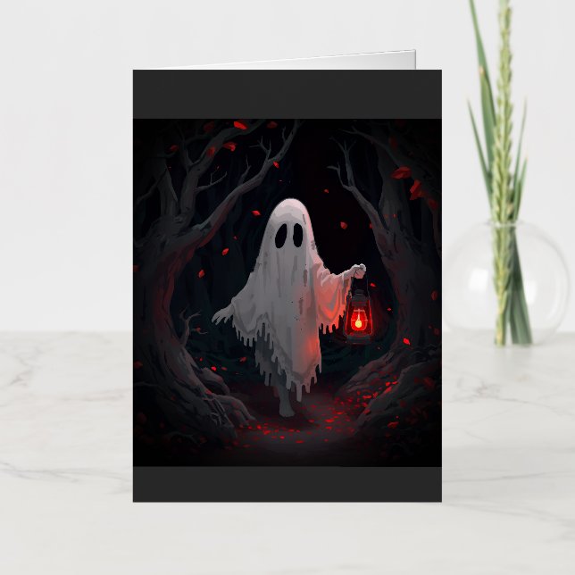 A white ghost holding a red lantern with red leave (Anverso)