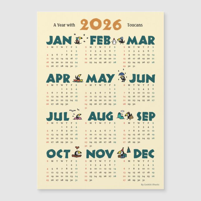 A Year with Toucans: Calendar 2026 マグネットカード (Anverso)