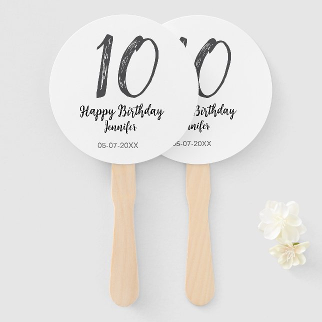 Abanico 10.º cumpleaños añadir nombre fecha año negro plan (Anverso y reverso)
