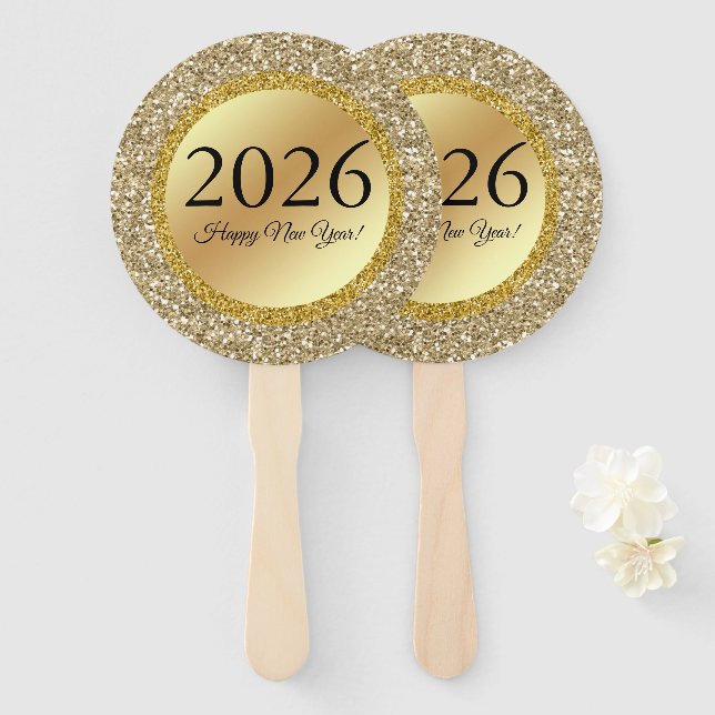 Abanico 2026 feliz año nuevo, chispas metálicas de oro (Anverso y reverso)