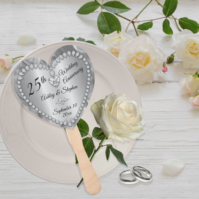 Abanico 25° Aniversario Boda de los diamantes de plata Kee (25th Wedding Anniversary Silver Tone and Faux Diamonds Keepsake Hand Fan)