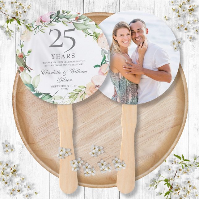 Abanico 25° aniversario de Boda de plata foto de Rosas flo (25th Silver Wedding Anniversary Floral Roses Photo Hand Fan)