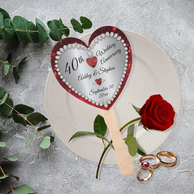 Abanico 40.º Aniversario Boda Ruby Diamonds Keepsake (40th Wedding Anniversary Faux Ruby and Diamonds Keepsake Favor Hand Fan)