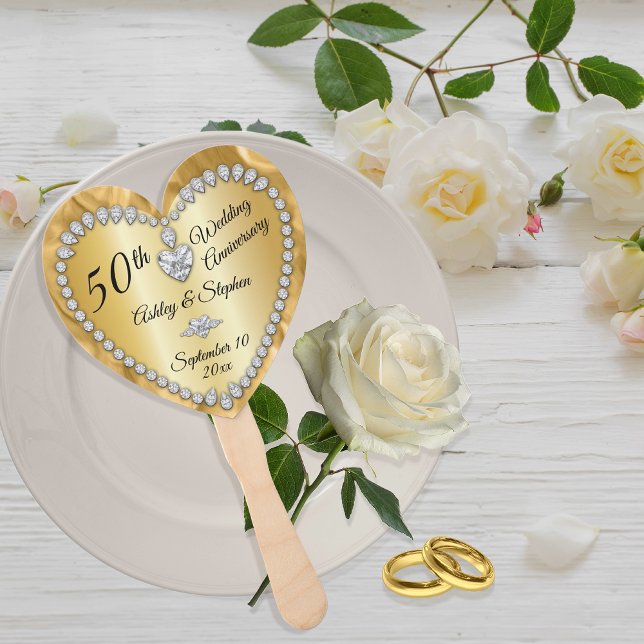 Abanico 50.º Aniversario Boda Diamantes de Oro Keepsake (50th Wedding Anniversary Gold Tone and Faux Diamonds Hand Fan)