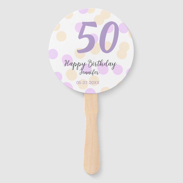 Abanico 50th birthday add name date purple orange polkadot (Anverso)