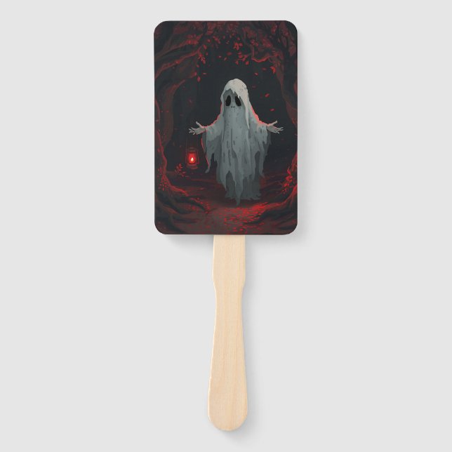 Abanico A white ghost holding a red lantern with red leave (Anverso)