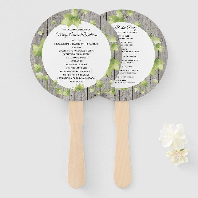 Abanico Abiotico de boda de madera rústica y hiedra (Anverso y reverso)