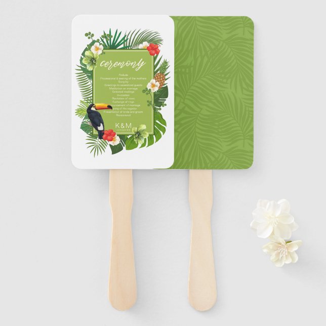 Abanico Acuarela Boda tropical Ceremonia Green ID577 (Anverso y reverso)