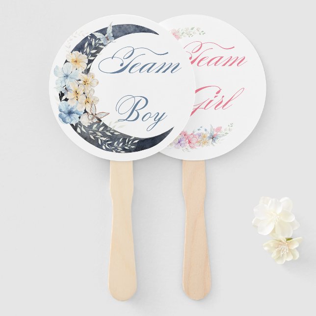 Abanico acuarela floral luna género revelar ducha de bebé (Anverso y reverso)