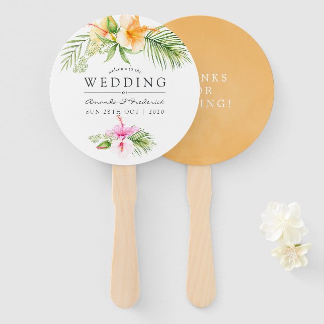 Abanico Acuarela Tropical Floral Beach Wedding Favor (Anverso y reverso)