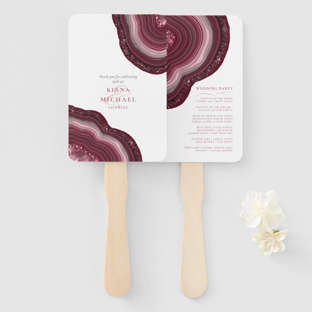 Abanico Agate Geode Purpurina Wedding Party Borgoña ID647 (Anverso y reverso)