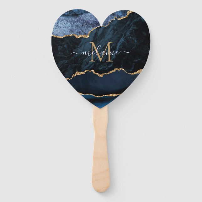 Abanico Agy Navy Blue Gold Custom Nombre letra Hand Fan (Anverso)