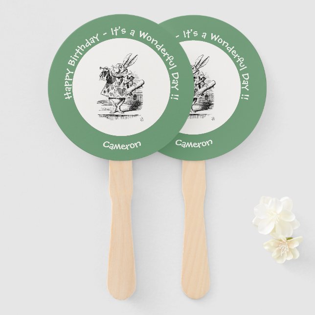 Abanico Alicia en el cumpleaños del Herald Rabbit White de (Anverso y reverso)