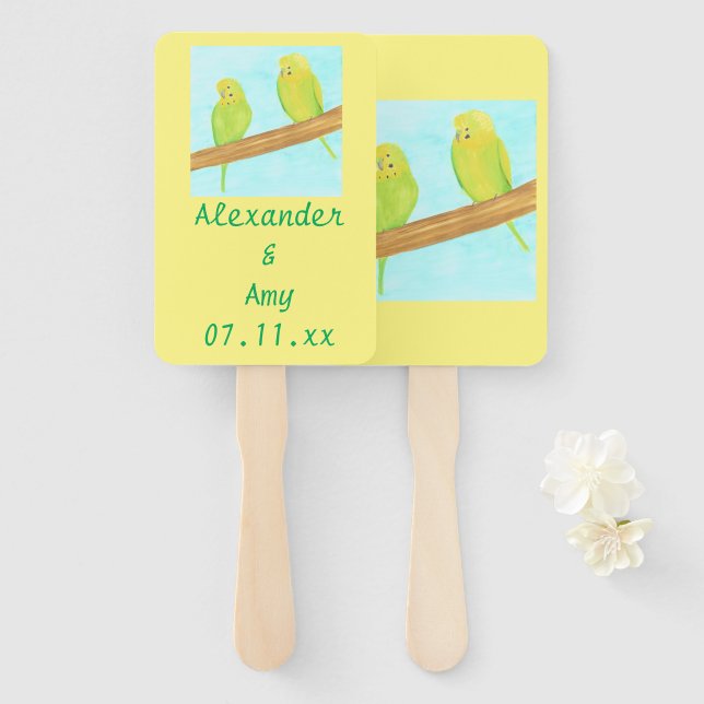 Abanico Amas de amor Dos Parakeets Bodas Hand Fans (Anverso y reverso)