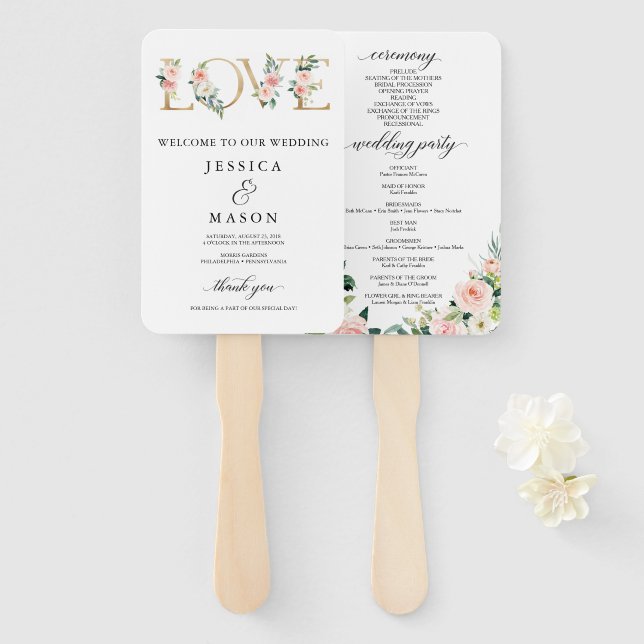 Abanico Amo Rubor Florals Wedding Program Fan (Anverso y reverso)