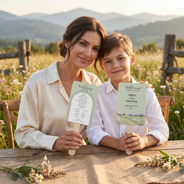 Abanico Arco de Boda Boho de Flores Silvestres de Montaña  (Watercolor Mountain Wildflower Sage Green  Arch Wedding Hand Fan)