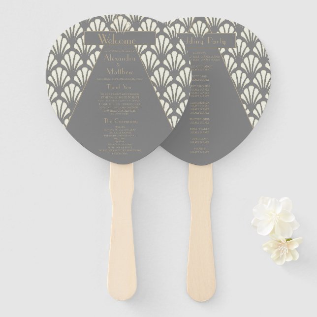 Abanico Art Deco Boda Gris rugiendo veinteañería (Anverso y reverso)