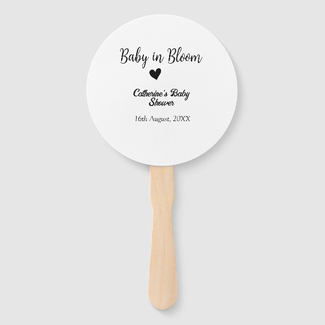 Abanico Baby in bloom baby shower simple black heart date (Anverso)
