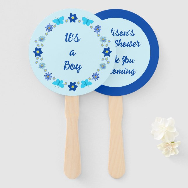 Abanico Baby Shower Blue Baby Boy Butterflies and Flowers (Anverso y reverso)