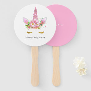 Abanico Baby Shower, Chica de unicornio con flores rosadas