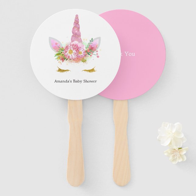 Abanico Baby Shower, Chica de unicornio con flores rosadas (Anverso y reverso)