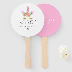 Abanico Baby Shower, Chica de unicornio con flores rosadas