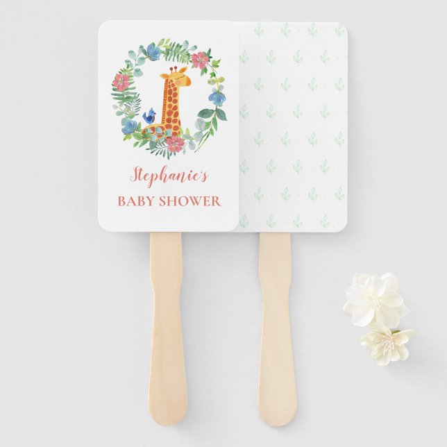 Abanico Baby Shower Giraffe Floral Wreath personalizada (Anverso y reverso)