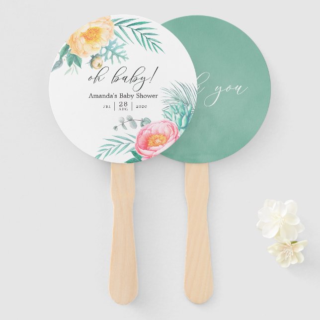 Abanico Baby Shower tropical de menta floral (Anverso y reverso)