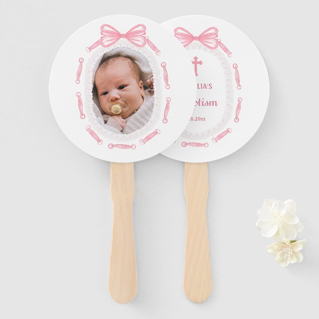 Abanico Bautismo de marco de cinta rosada (Anverso y reverso)