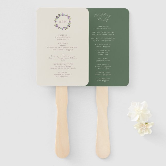 Abanico Beige, púrpura y verde guión clásico floral (Anverso y reverso)