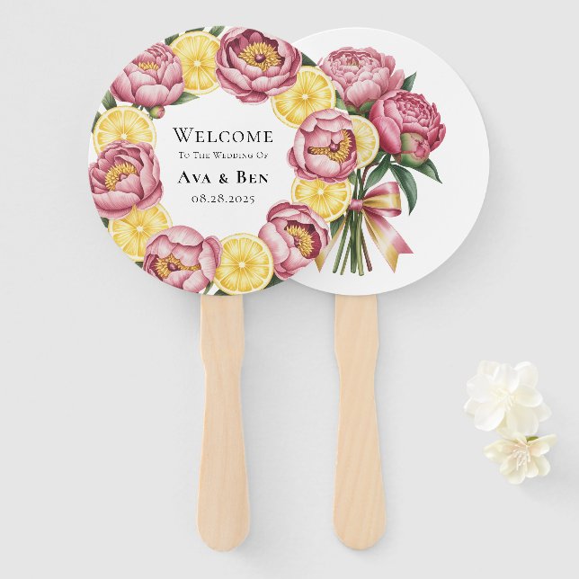 Abanico Bienvenida a Dusty Pink Peonies y Lemon Boda (Anverso y reverso)