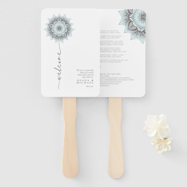 Abanico Bienvenida Boda rev. Mandala Lace Blue ID968 (Anverso y reverso)