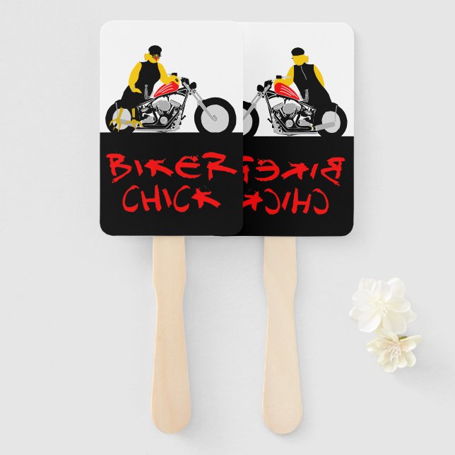 Abanico BIKER CHICK sentado en su motocicleta (Anverso y reverso)