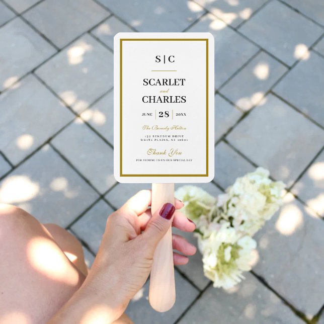 Abanico Black & Gold Monogram Wedding Ceremony Program (Black and gold monogram program fan adds elegant style while keeping guests cool.)