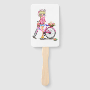 Abanico Blonde Girl Hand Fan with Pink Bike