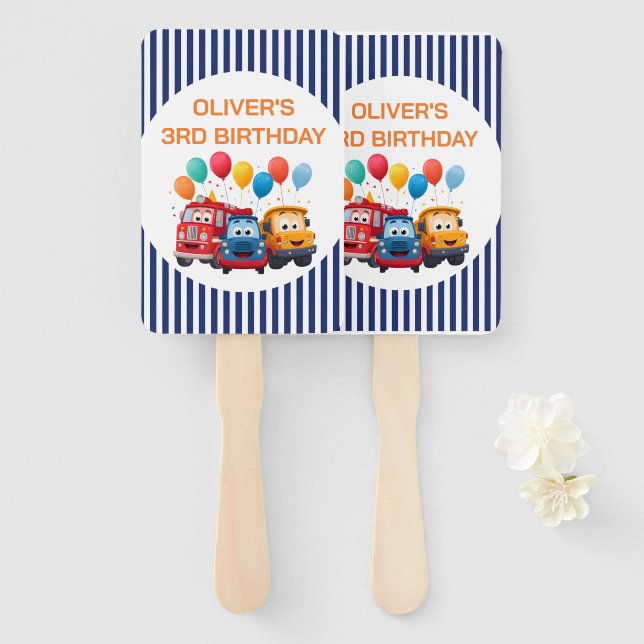 Abanico Blue Striped Truck Birthday Theme Set of Fans (Anverso y reverso)