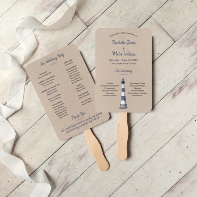 Abanico Blue White Lighthouse Kraft Wedding Program Hand F (Subido por el creador)