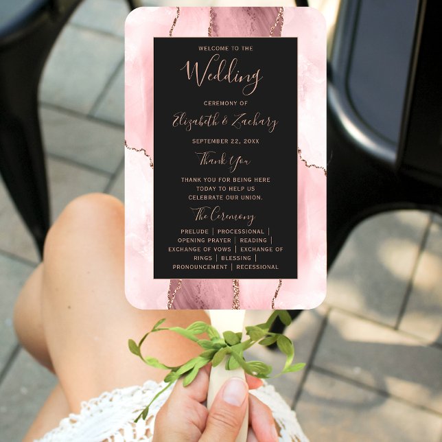Abanico Blush Pink Rose Gold Agate Dark Wedding Program (Subido por el creador)
