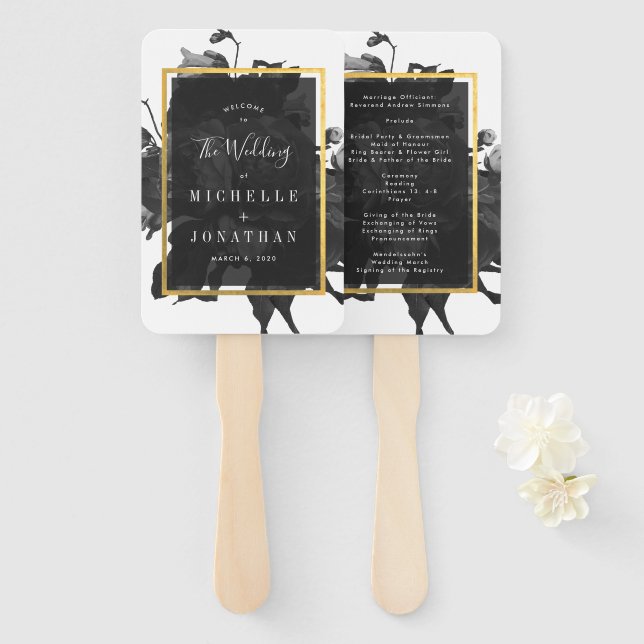 Abanico Boda Black Gold Rose Bouquet (Anverso y reverso)