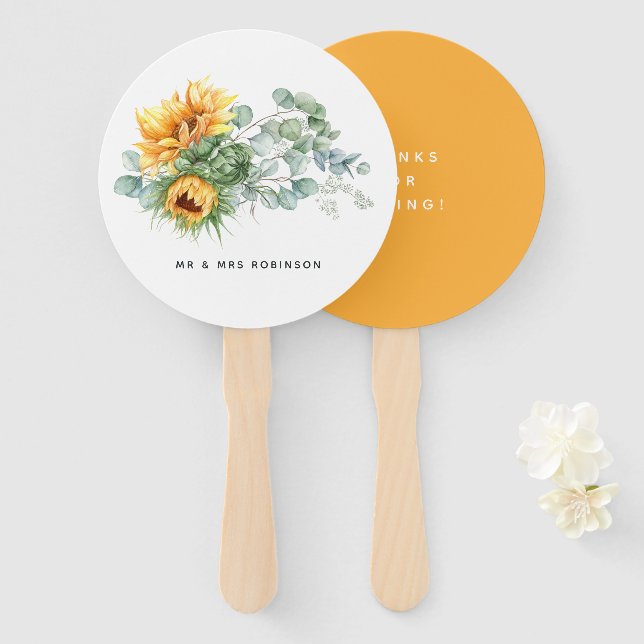 Abanico Boda Boho Girasol Eucalipto (Anverso y reverso)