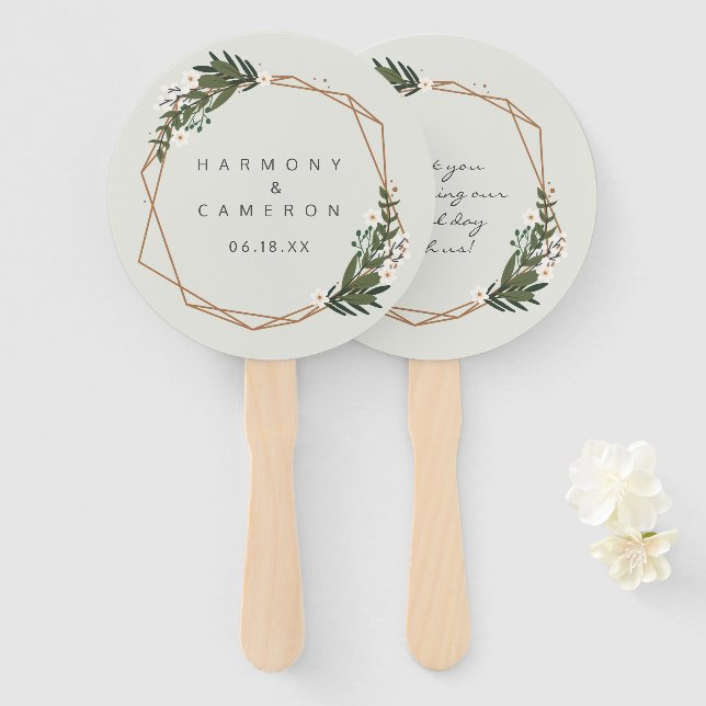 Abanico Boda Boho Moderna de Oro Geométrico con Vegetación (Anverso y reverso)