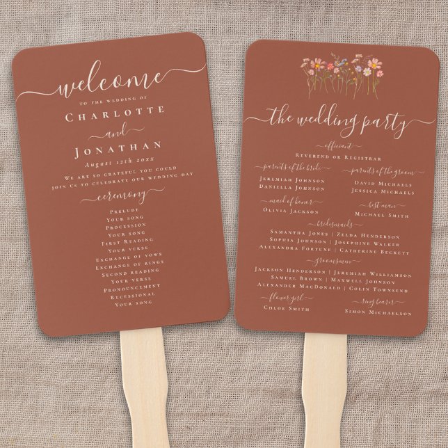 Abanico Boda Boho Otoño Ceremonia de Terracota de Flores S (Boho fall Wildflower meadow garden floral terracotta rust Wedding ceremony program fan)