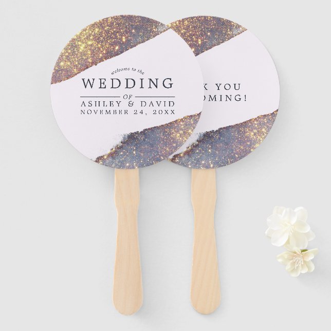 Abanico Boda Chic Brillante Oro Purpura Irisado (Anverso y reverso)