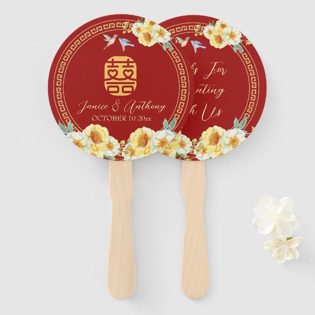 Abanico Boda chino de ave floral roja (Anverso y reverso)