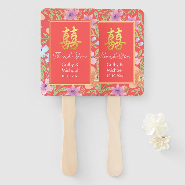 Abanico Boda chino rojo peranakan floral doble xi (Anverso y reverso)
