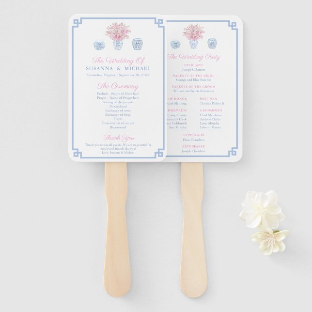 Abanico Boda Chinoiserie Preppy Pastel Azul Y Rosa (Anverso y reverso)