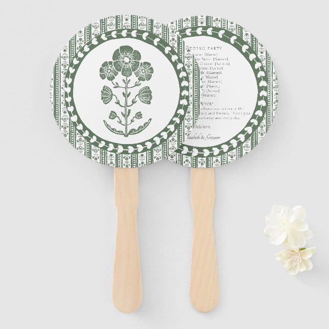 Abanico Boda con estampado botánico verde y blanco (Anverso y reverso)