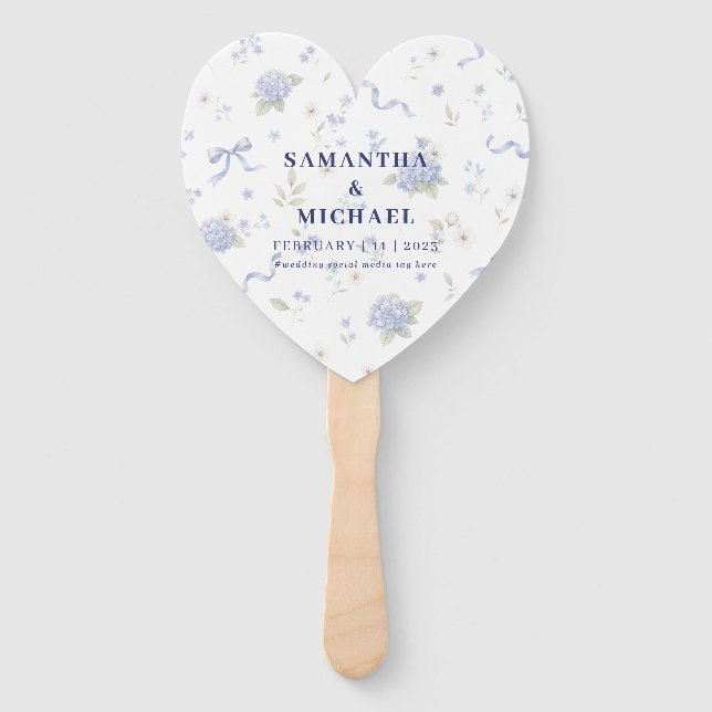 Abanico Boda con flores azules marino con patrón floral (Anverso)
