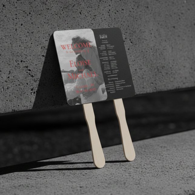 Abanico Boda con foto superpuesta manuscrita moderna (Modern Red Photo Wedding Program Fan)