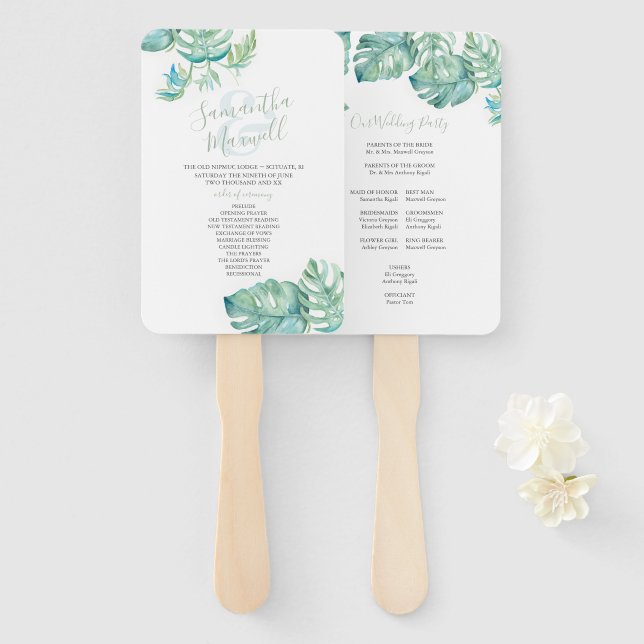 Abanico Boda de acuarela de hojas de palmera tropicales (Anverso y reverso)